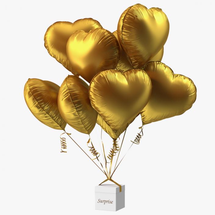 3D model Bouquet of Matte Gold Heart Balloons with Gift Box