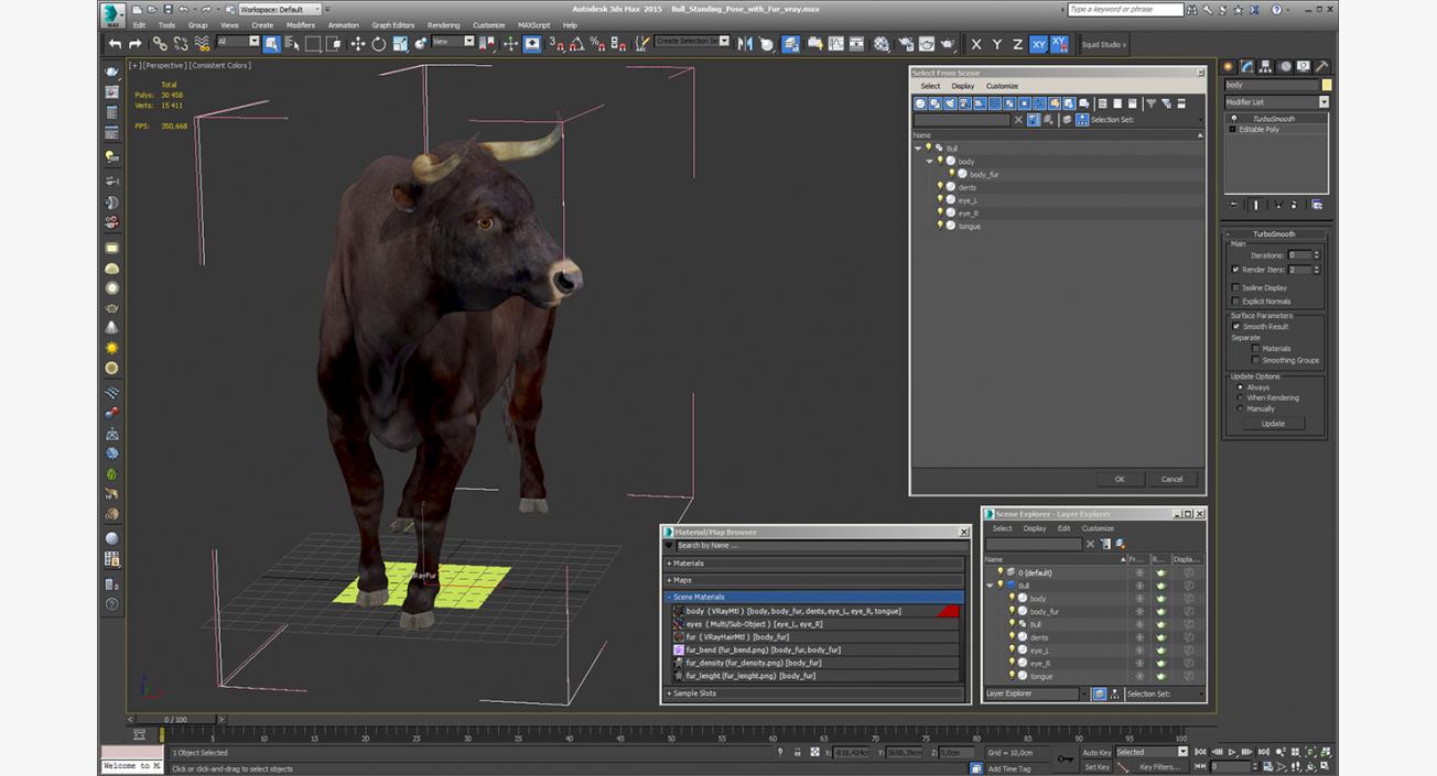 Bull Standing Pose with Fur 3D