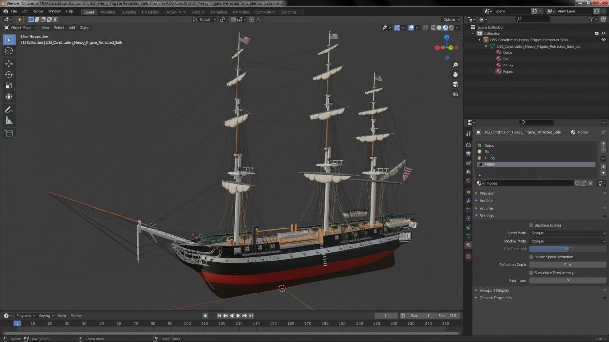 3D USS Constitution Heavy Frigate Retracted Sails