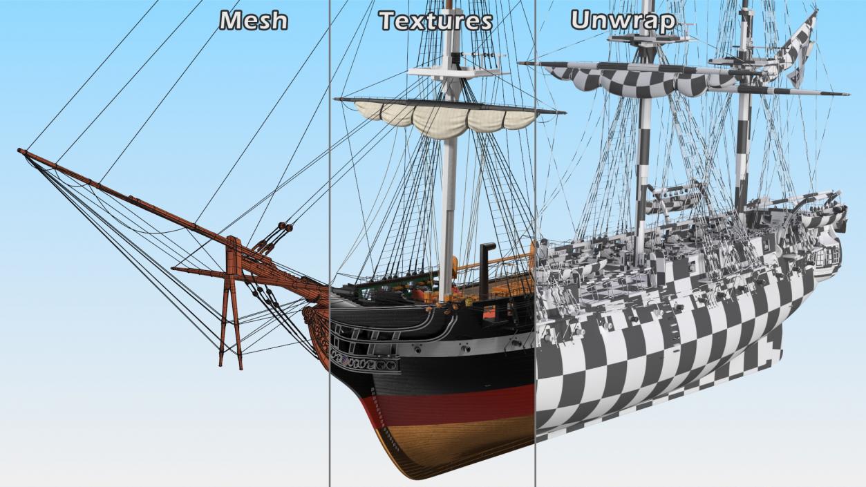 3D USS Constitution Heavy Frigate Retracted Sails