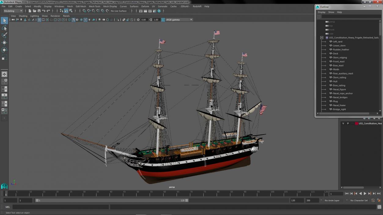 3D USS Constitution Heavy Frigate Retracted Sails