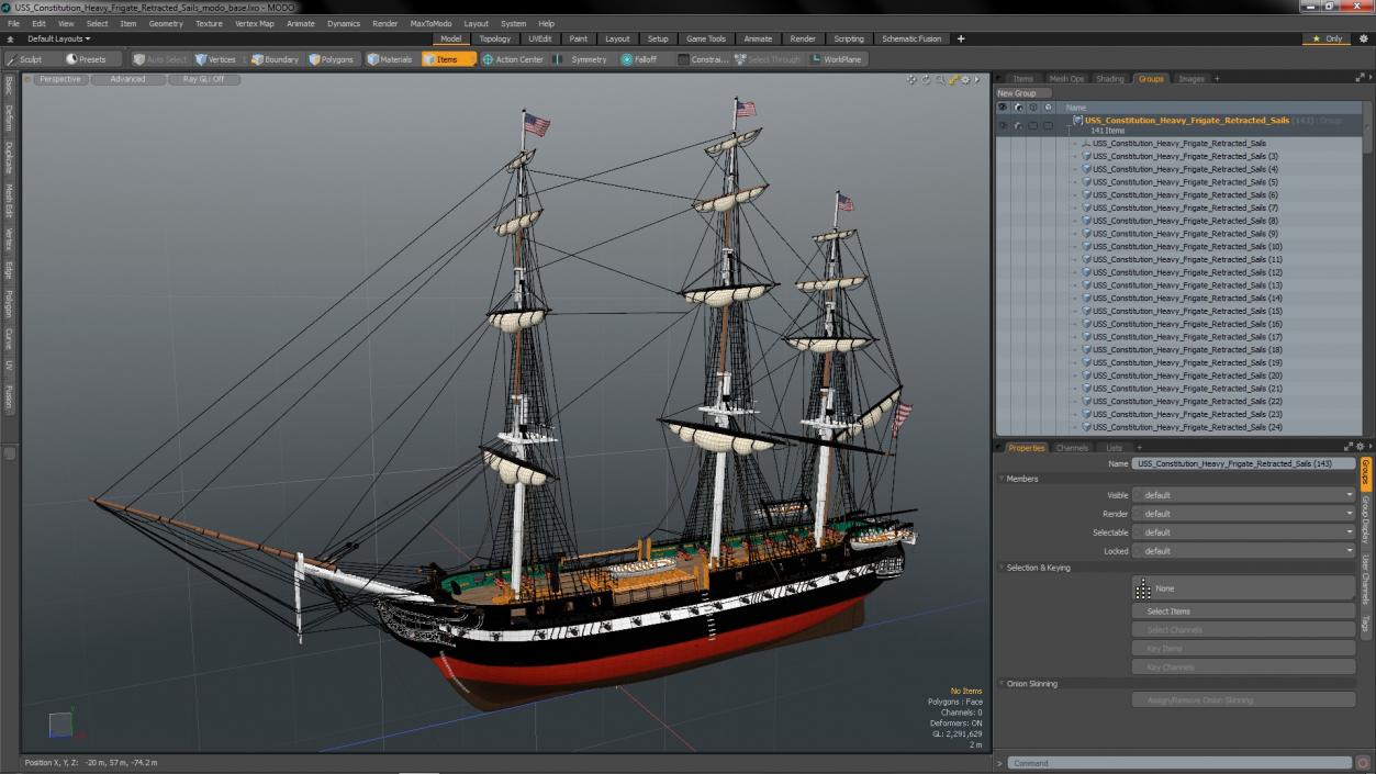 3D USS Constitution Heavy Frigate Retracted Sails