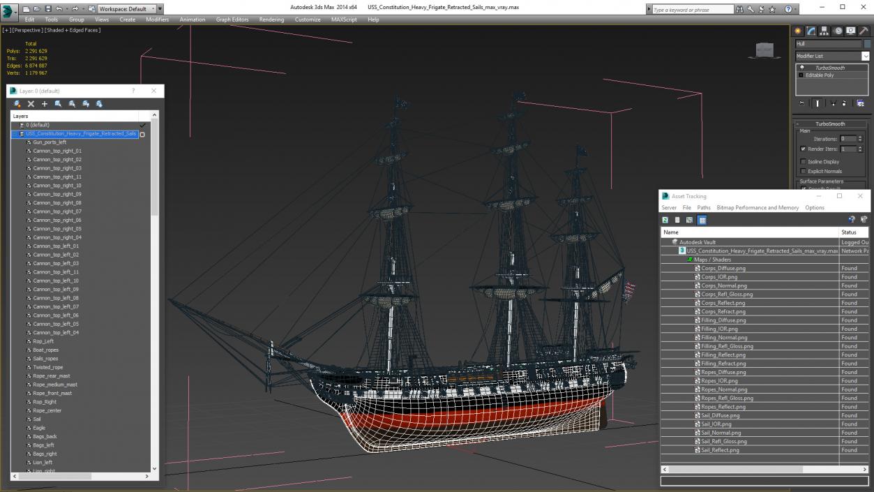 3D USS Constitution Heavy Frigate Retracted Sails