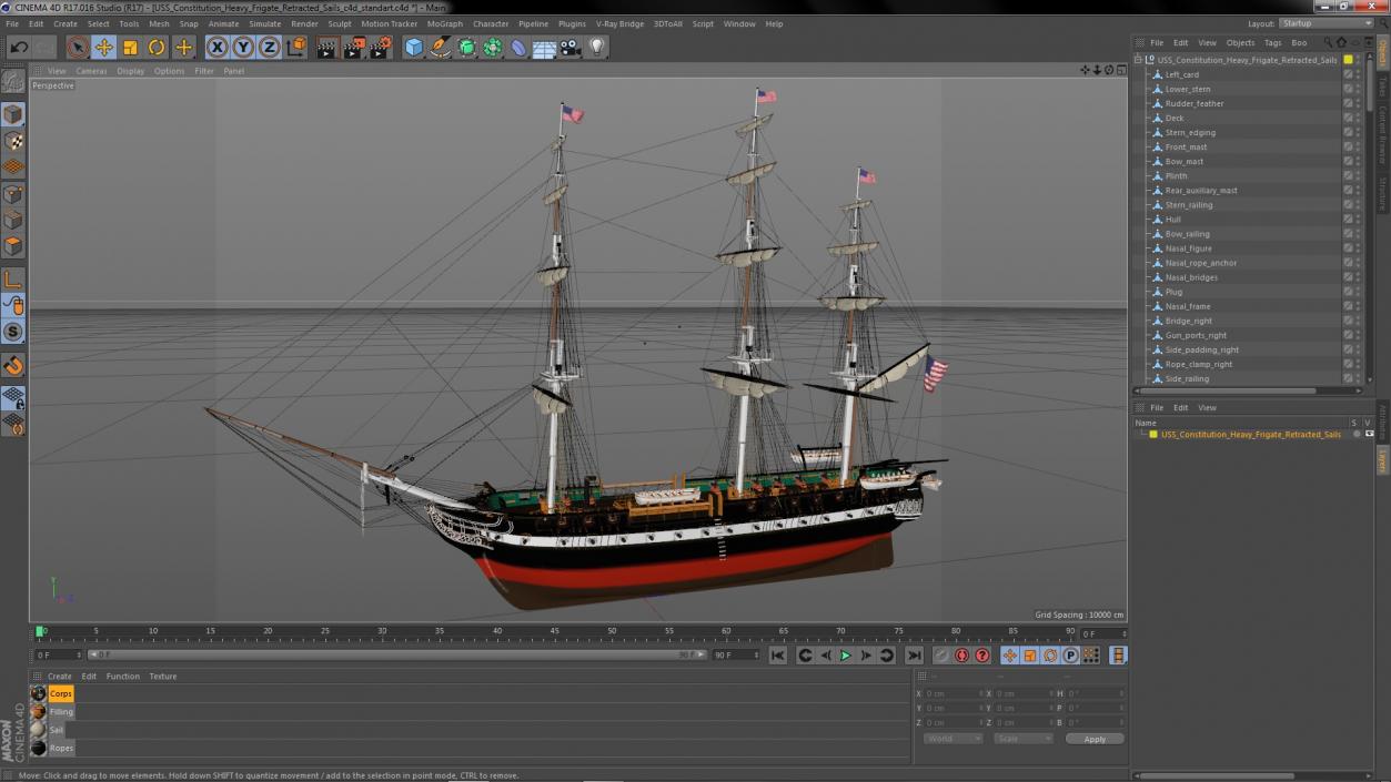 3D USS Constitution Heavy Frigate Retracted Sails