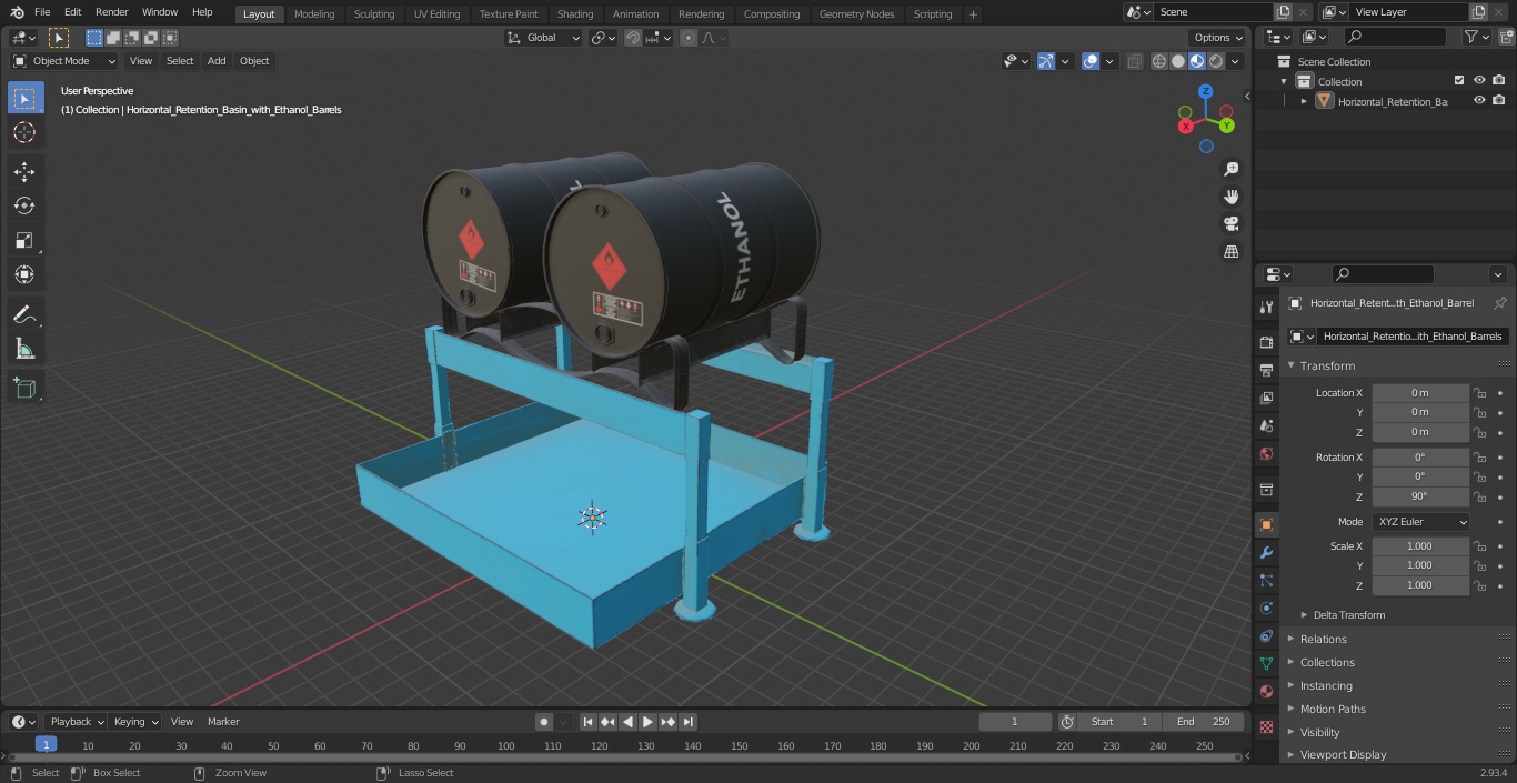 Horizontal Retention Basin with Ethanol Barrels 3D