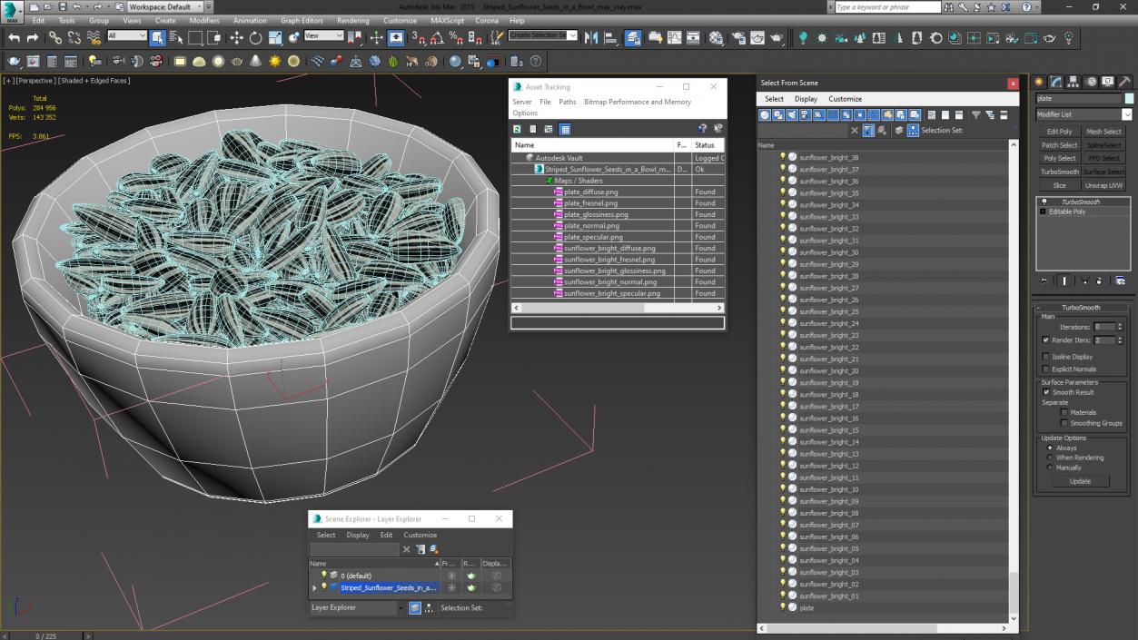 3D Striped Sunflower Seeds in a Bowl model