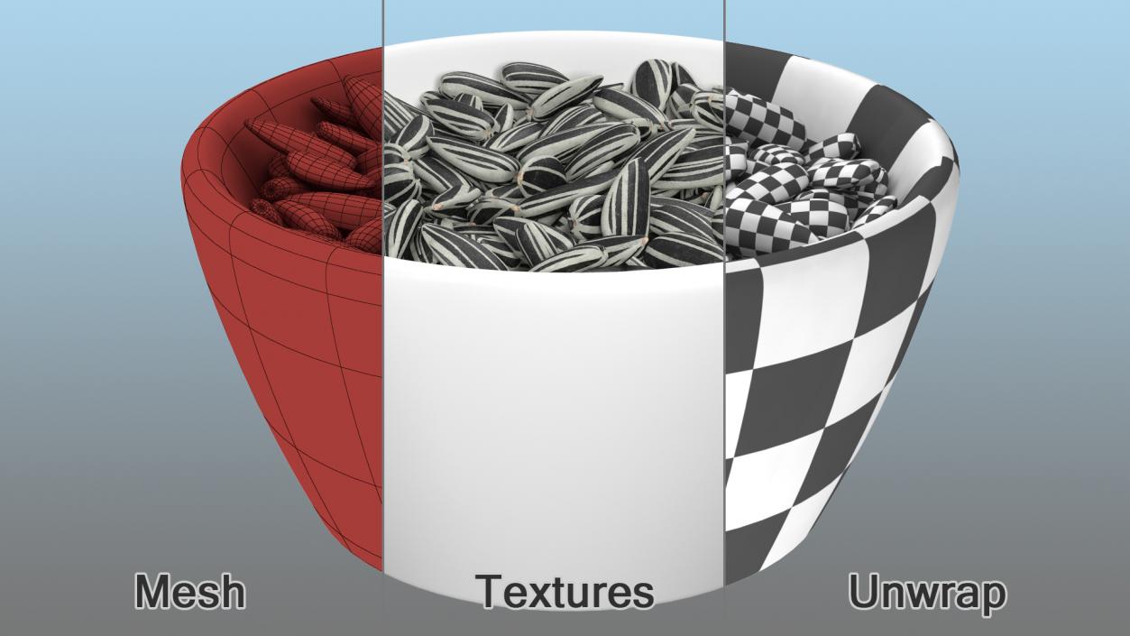 3D Striped Sunflower Seeds in a Bowl model