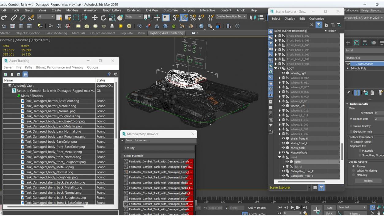 3D Fantastic Combat Tank with Damaged Rigged