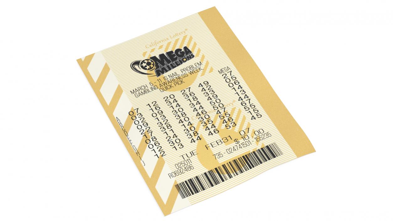 Plain Ticket of Mega Millions Lottery 3D