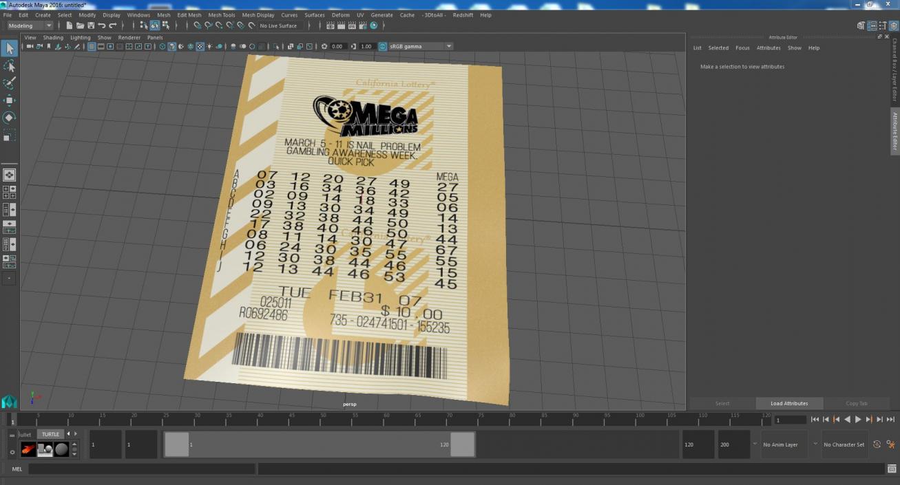 Plain Ticket of Mega Millions Lottery 3D