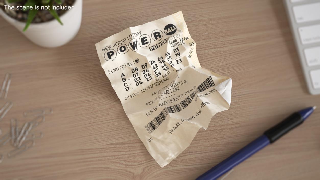 3D Lottery Ticket of Powerball Crumpled