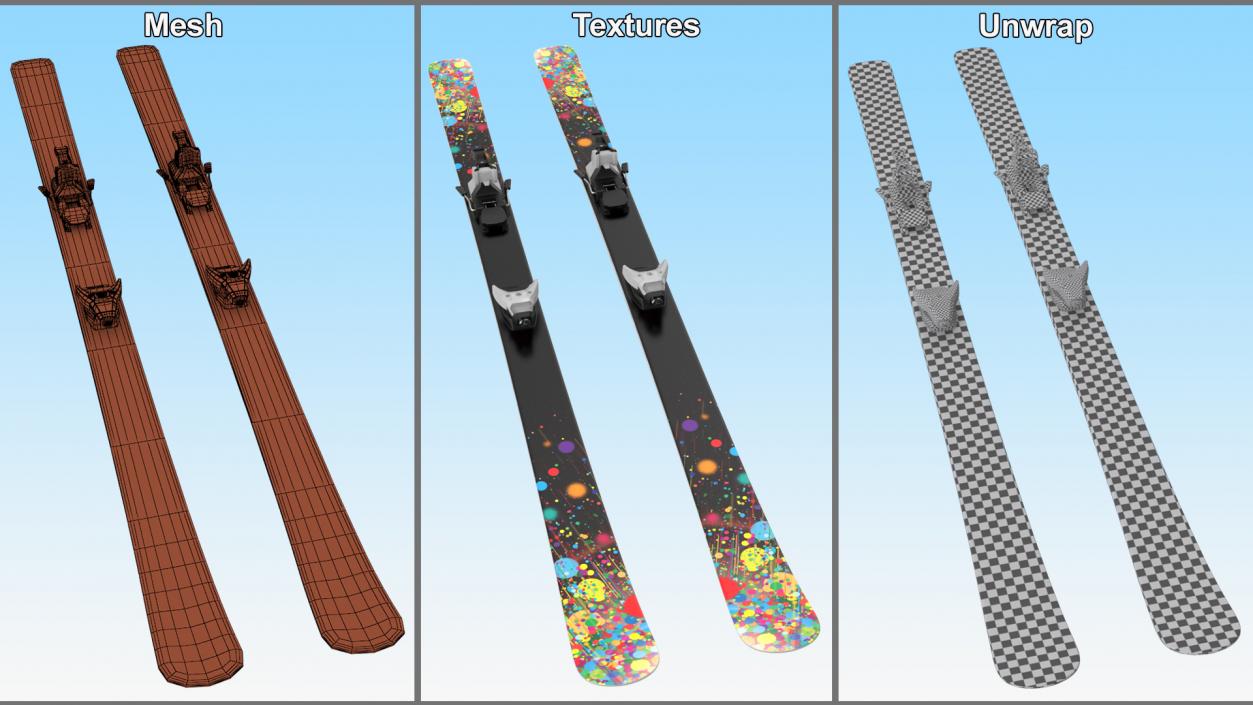 3D Snow Skis With Bindings model