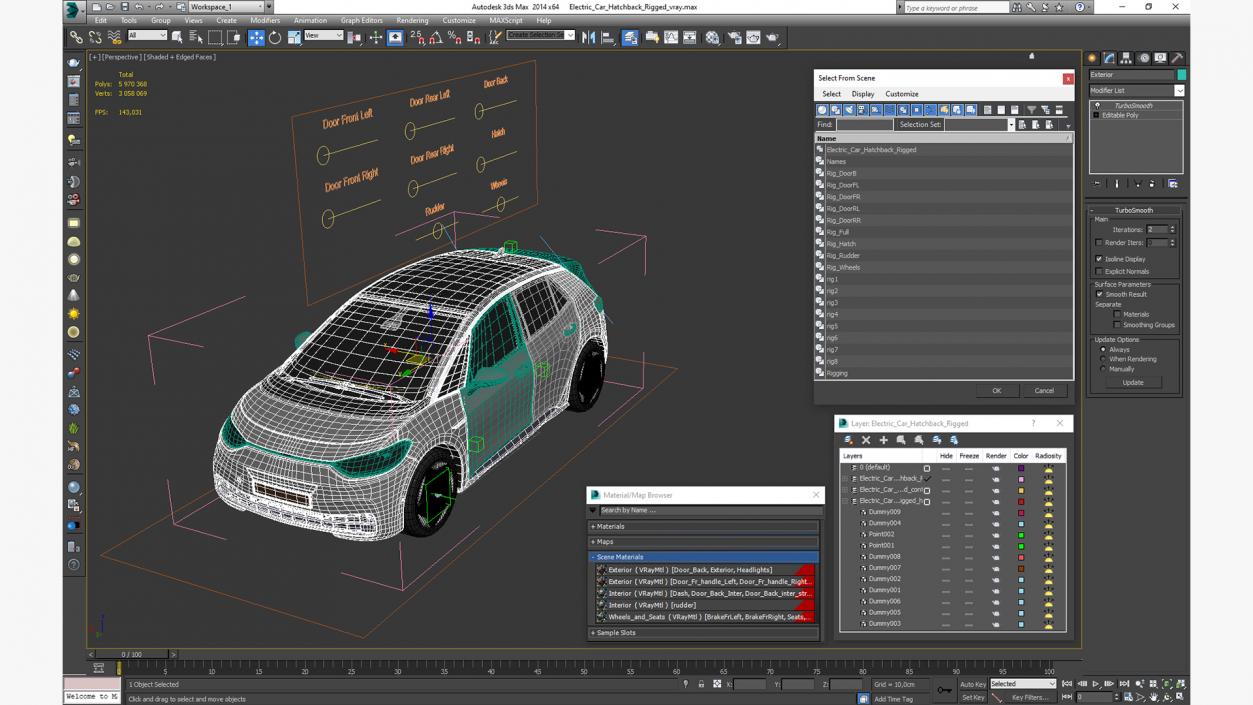 Electric Car Hatchback Rigged 3D model