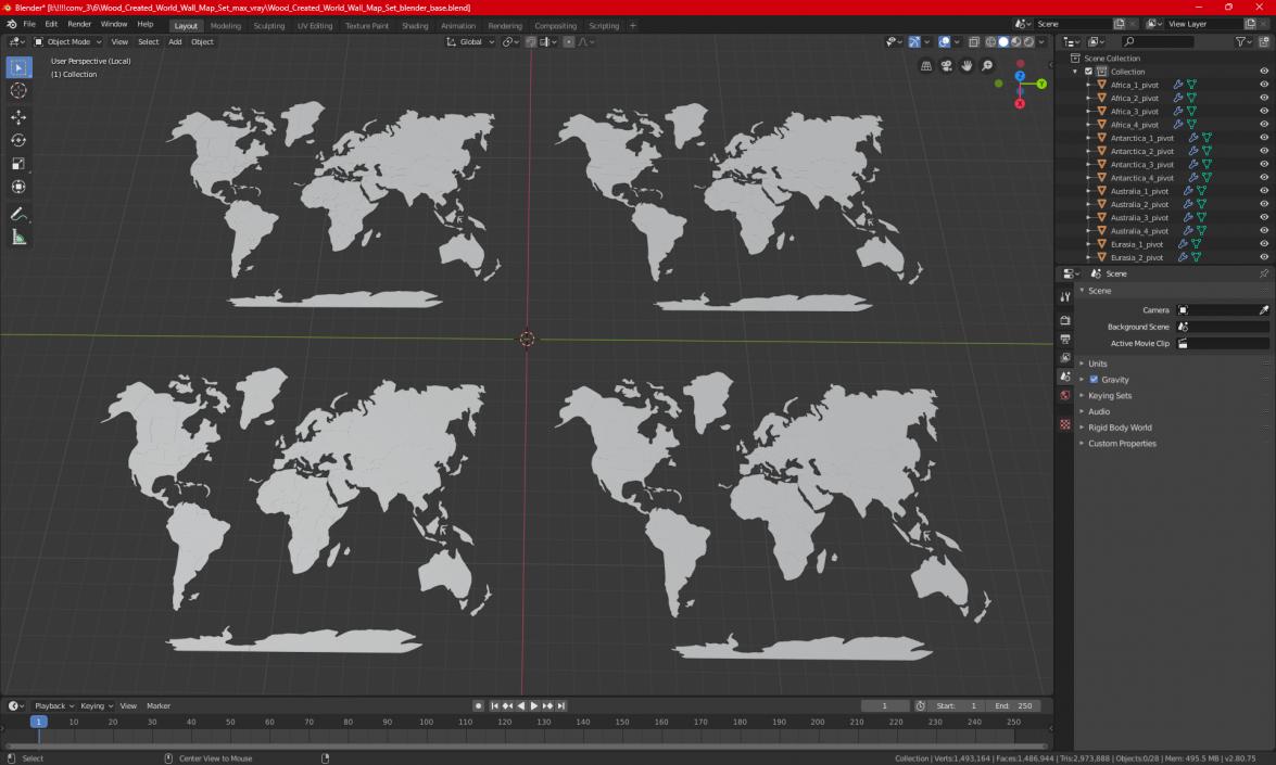 3D Wood Created World Wall Map Set 2 model