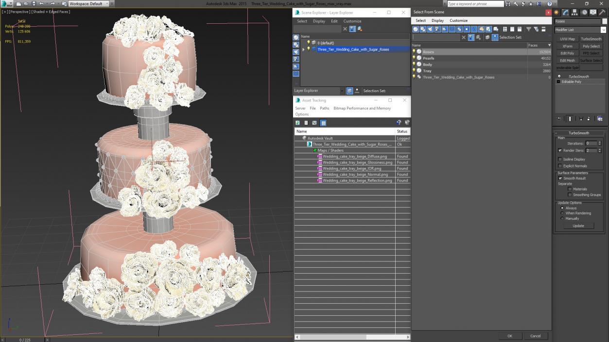 3D model Three Tier Wedding Cake with Sugar Roses