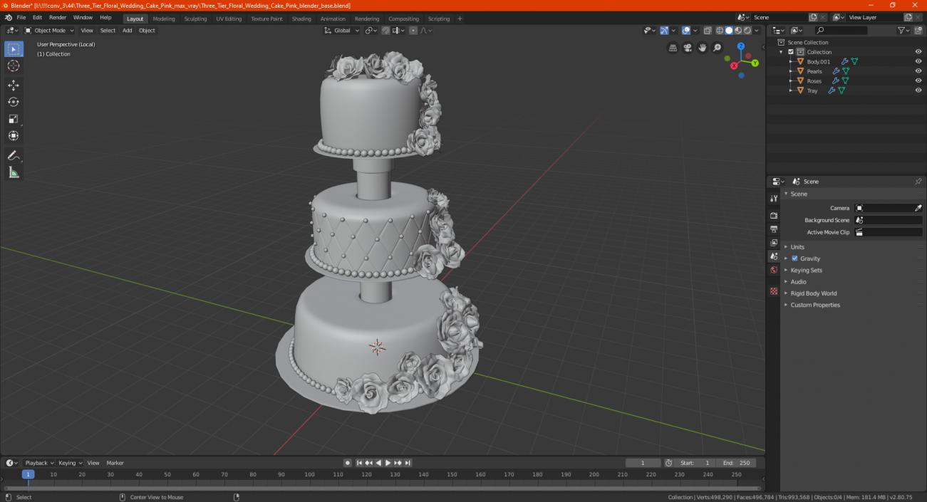 3D model Three Tier Wedding Cake with Sugar Roses