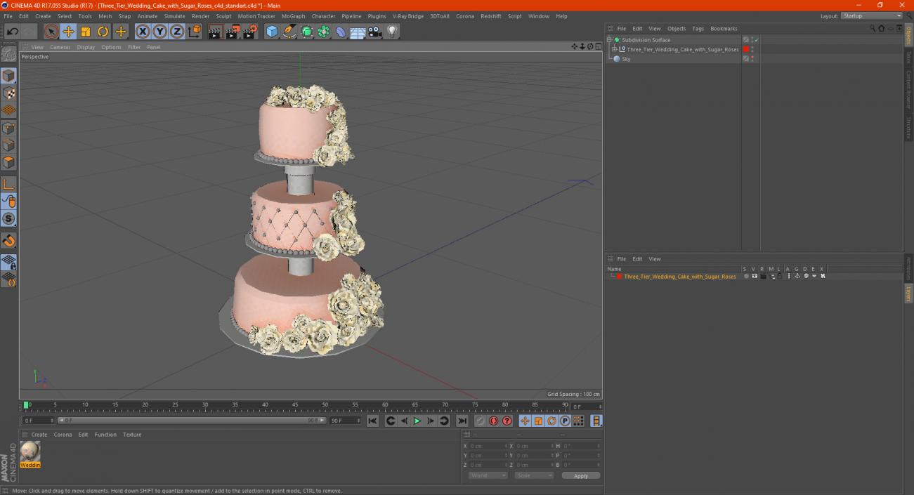 3D model Three Tier Wedding Cake with Sugar Roses