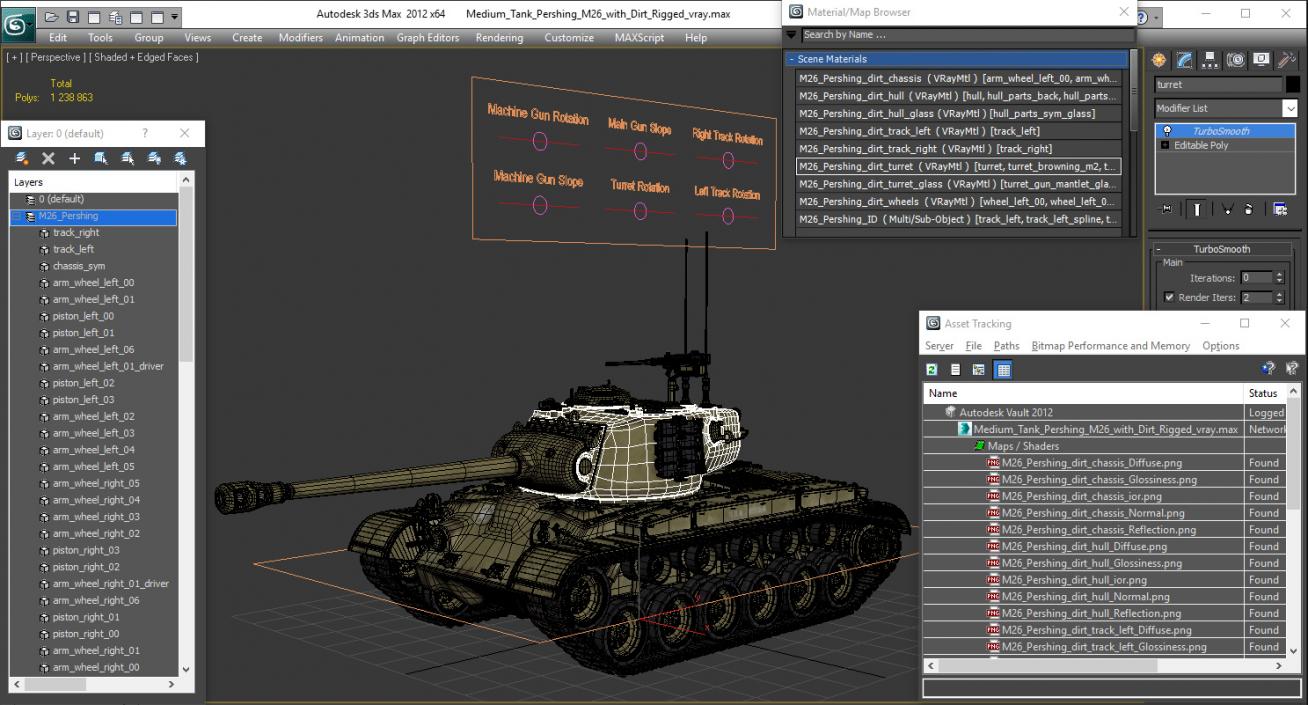 3D Medium Tank Pershing M26 with Dirt Rigged