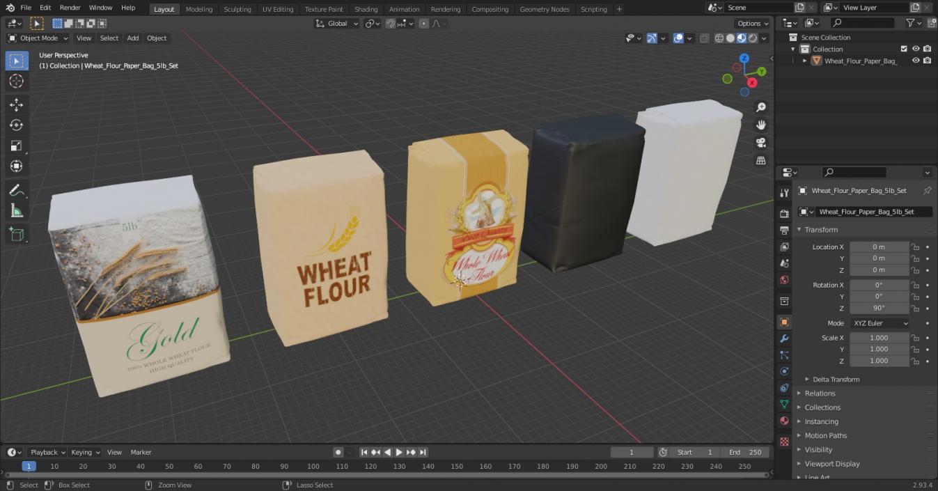 Wheat Flour Paper Bag 5lb Set 3D model