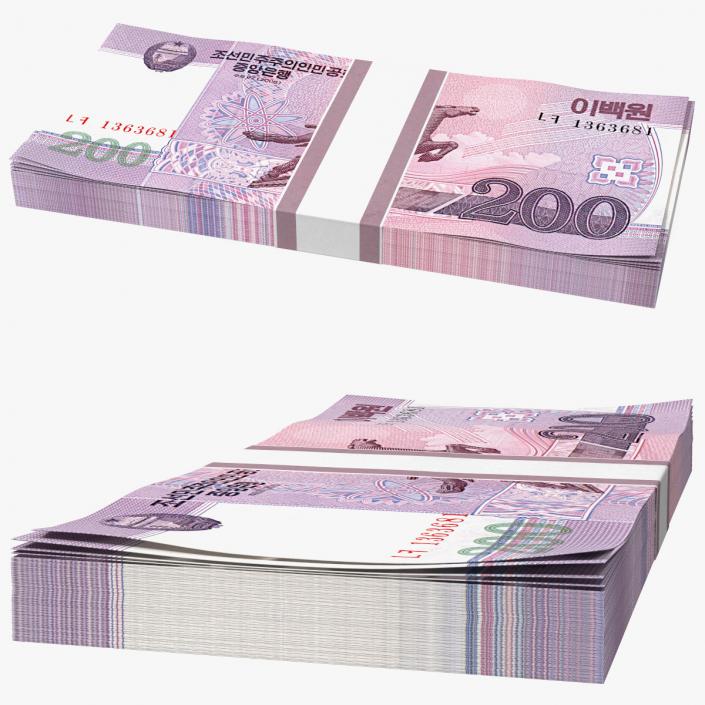 North Korea 200 Won Banknotes Pack 3D model