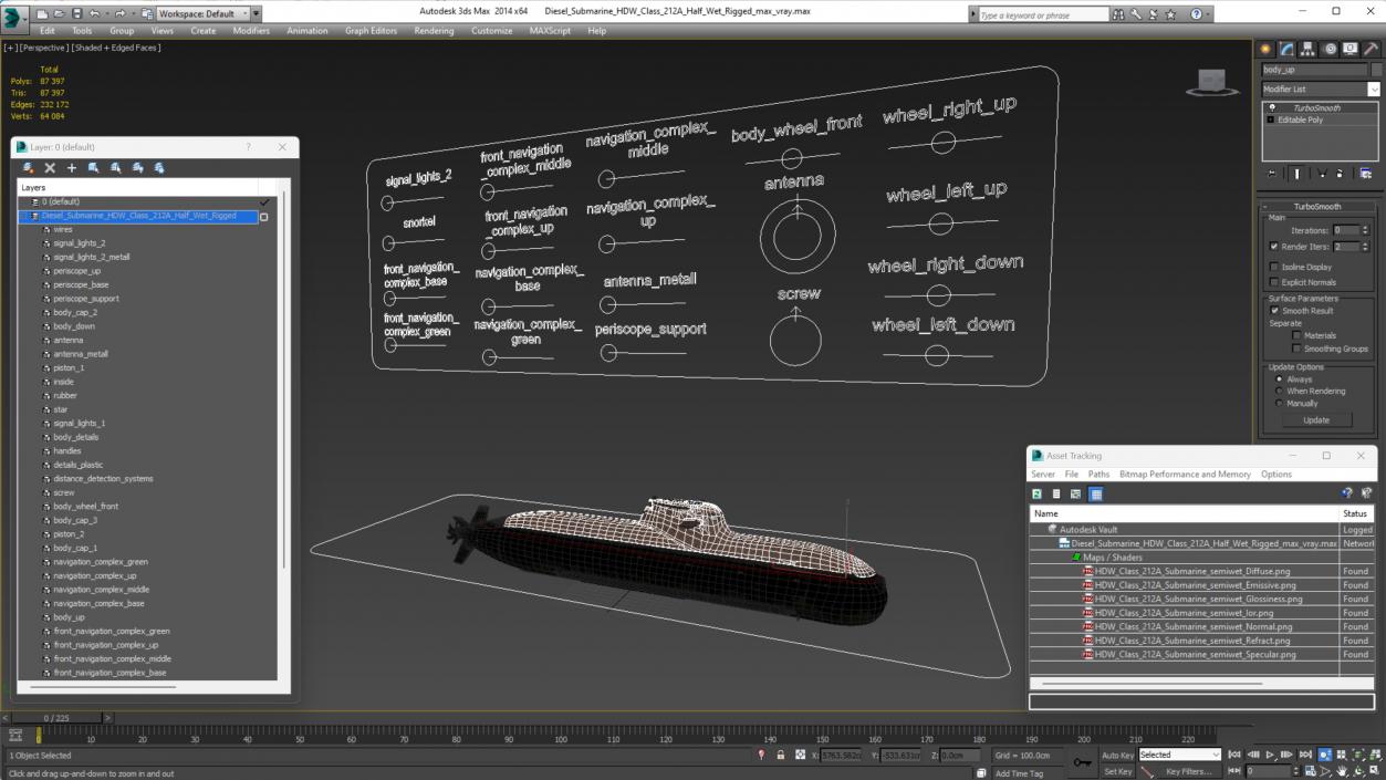 Diesel Submarine HDW Class 212A Half Wet Rigged 3D