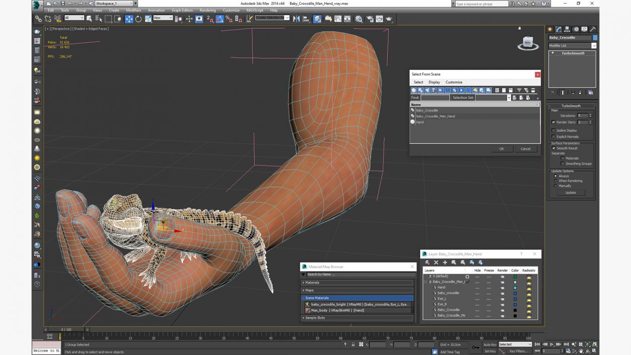 3D Baby Crocodile Man Hand model