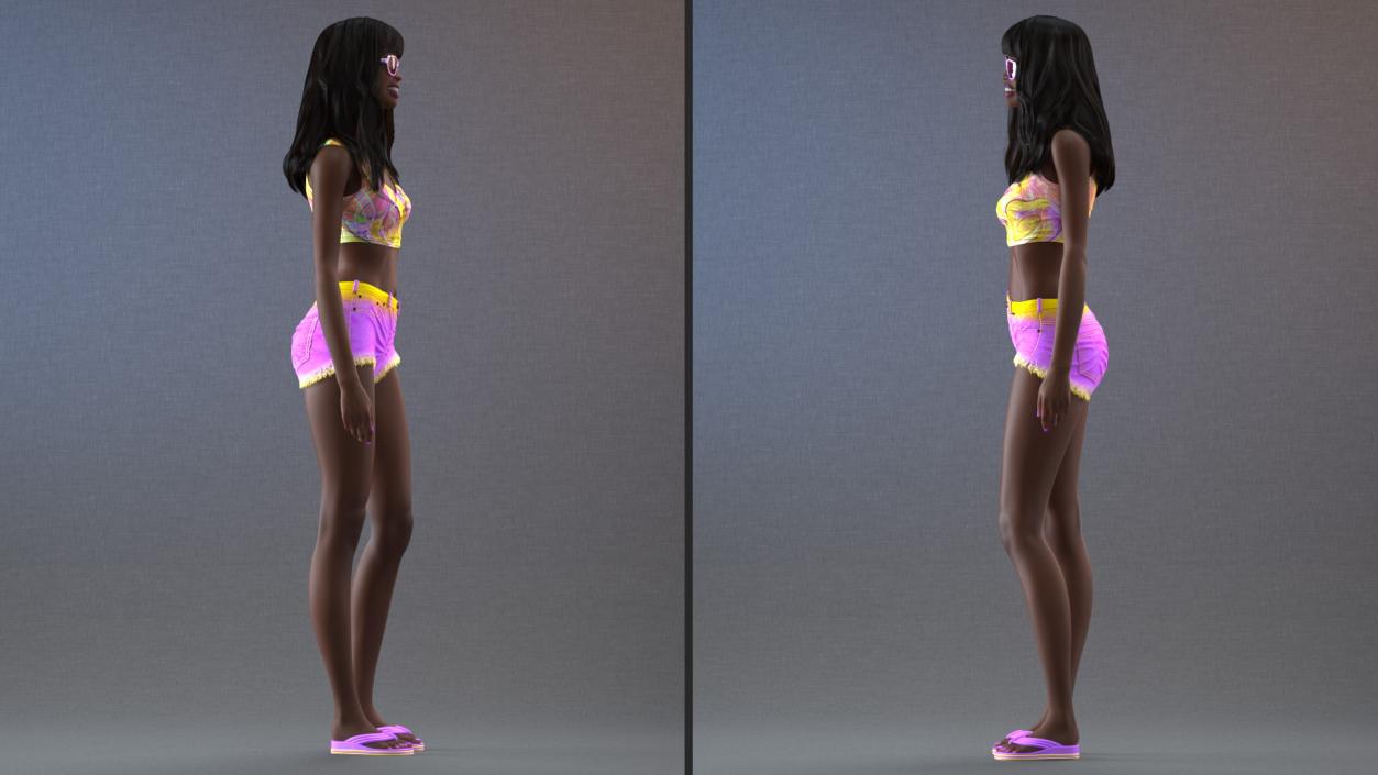 3D Beach Style Young Black Woman Standing Pose model