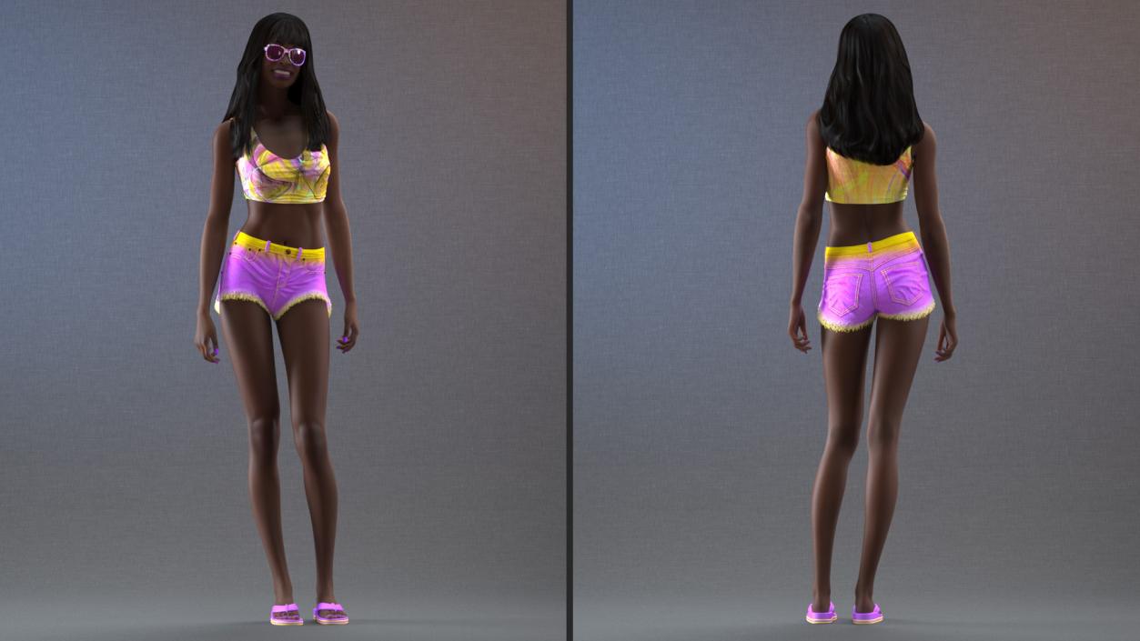 3D Beach Style Young Black Woman Standing Pose model