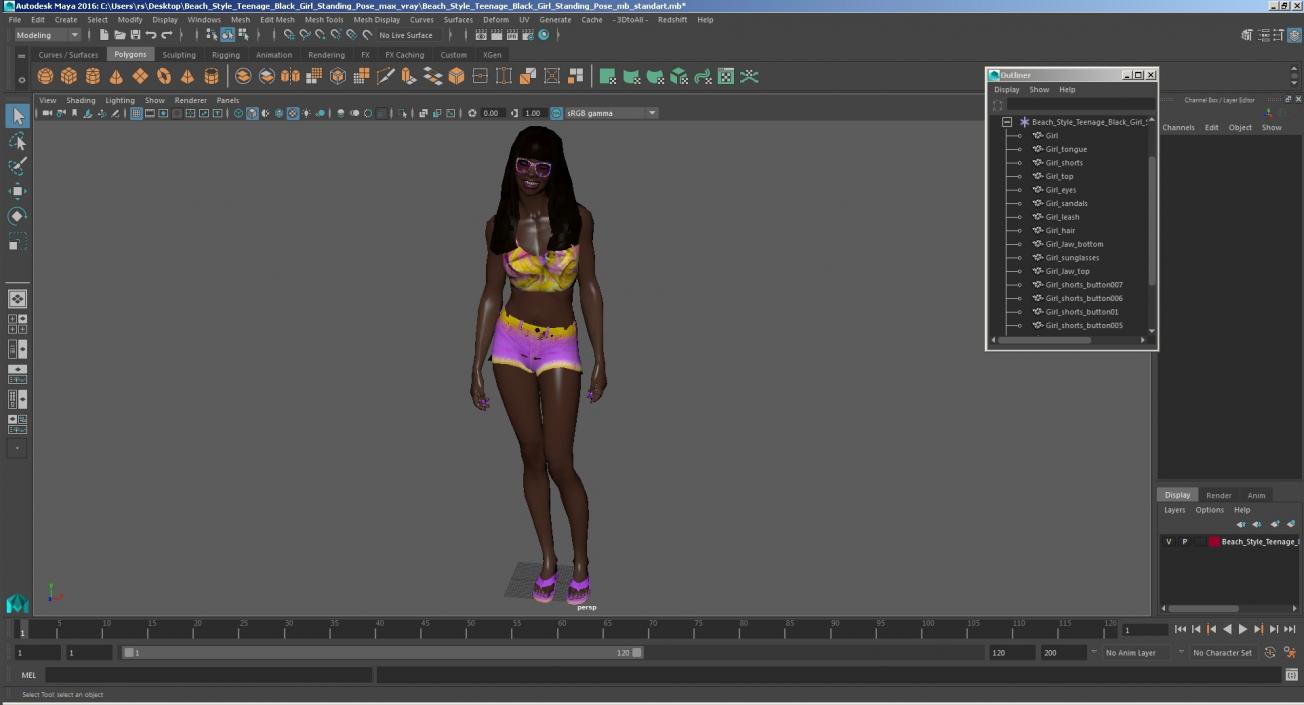 3D Beach Style Young Black Woman Standing Pose model