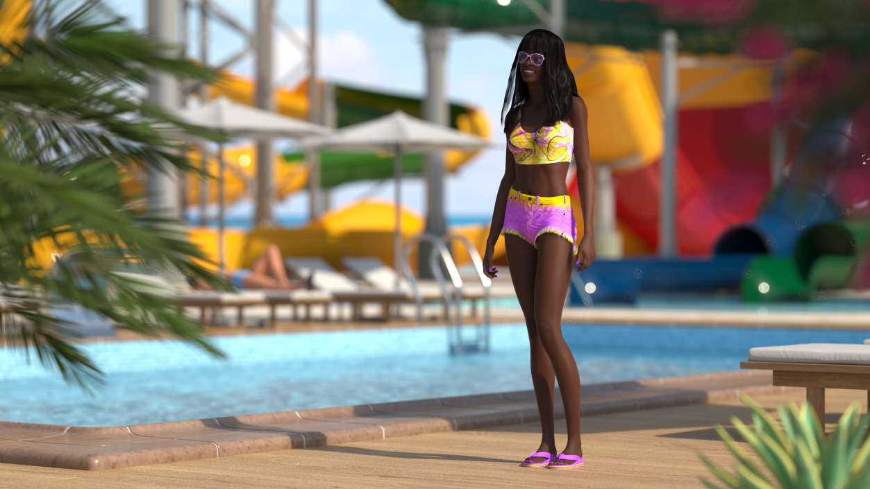 3D Beach Style Young Black Woman Standing Pose model