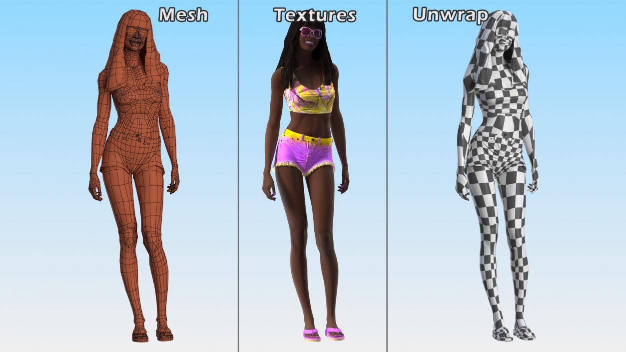 3D Beach Style Young Black Woman Standing Pose model