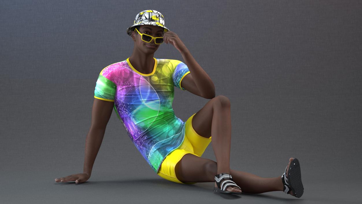 3D Dark Skin Teenager Beach Style Sitting Pose model