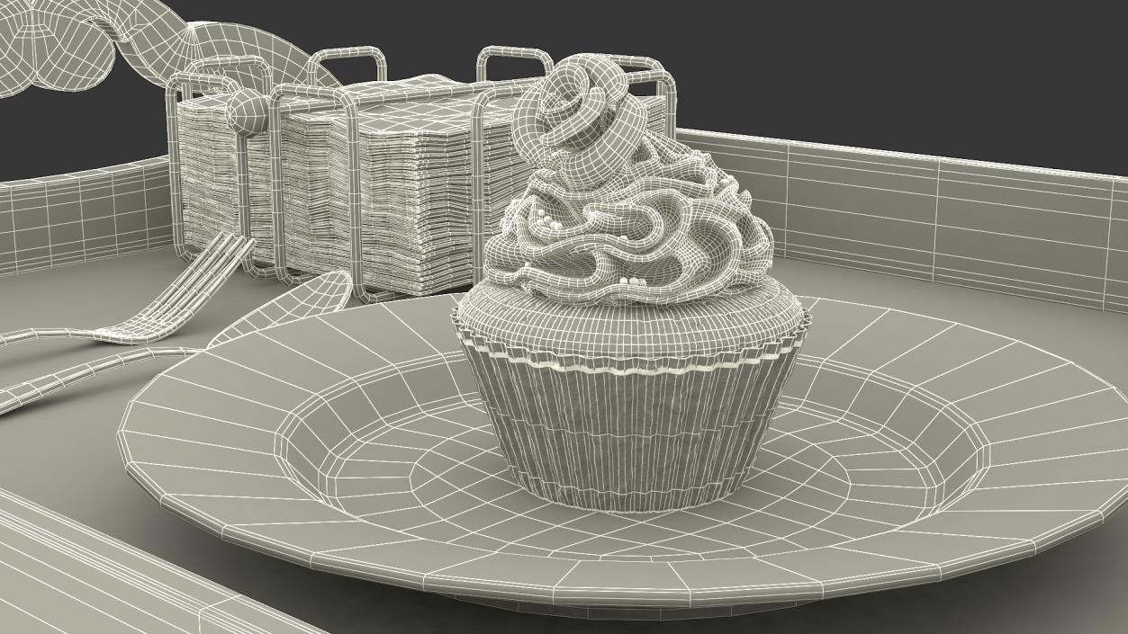 Wooden Serving Tray with Hot Beverage and Cupcake 3D model