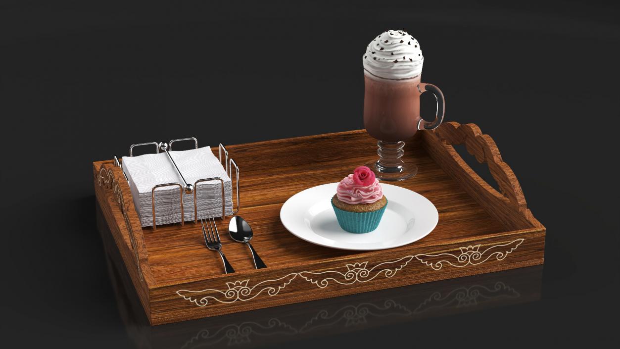 Wooden Serving Tray with Hot Beverage and Cupcake 3D model