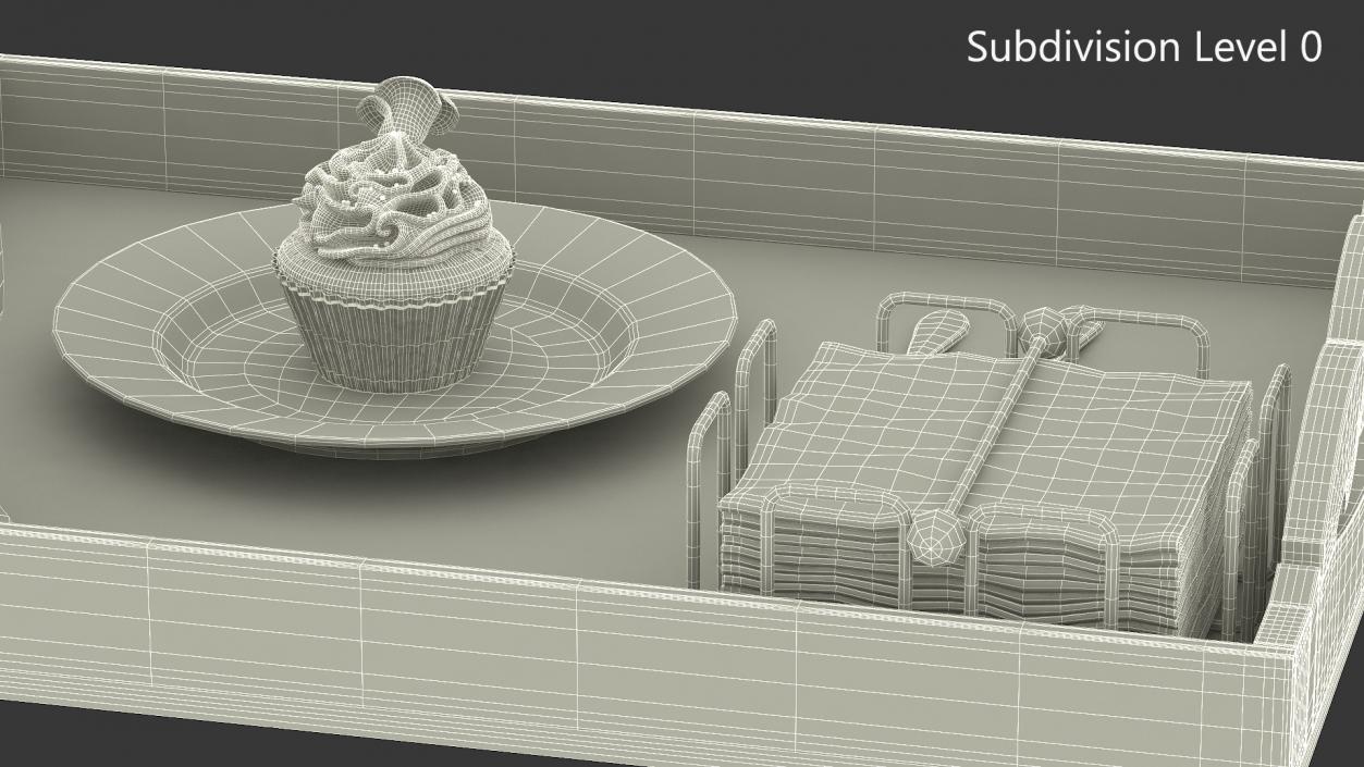 Wooden Serving Tray with Hot Beverage and Cupcake 3D model