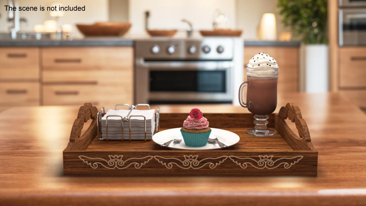 Wooden Serving Tray with Hot Beverage and Cupcake 3D model