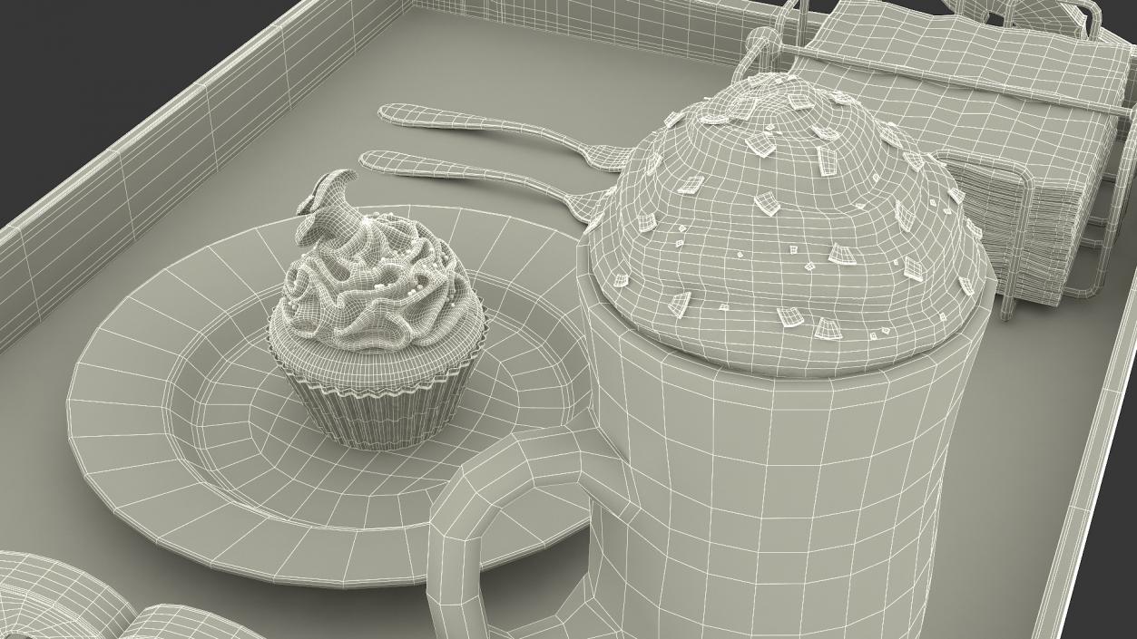 Wooden Serving Tray with Hot Beverage and Cupcake 3D model