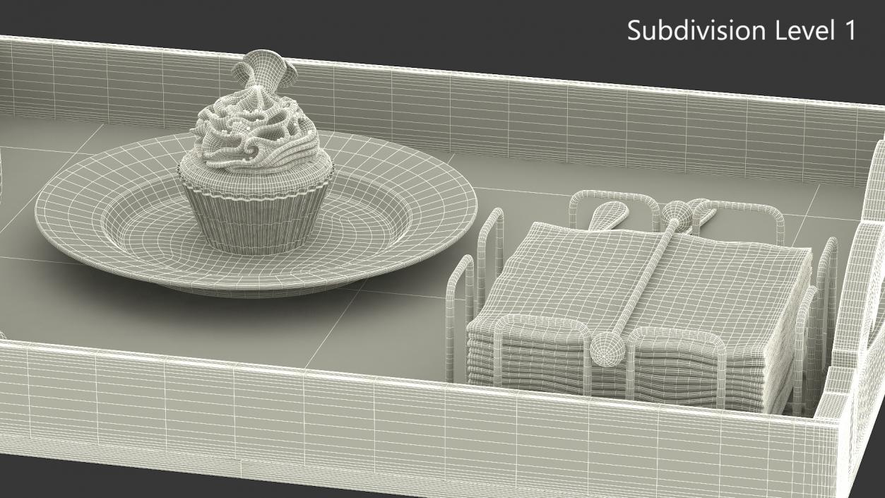 Wooden Serving Tray with Hot Beverage and Cupcake 3D model