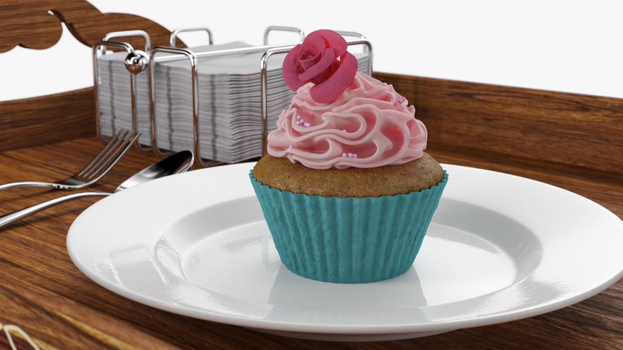 Wooden Serving Tray with Hot Beverage and Cupcake 3D model