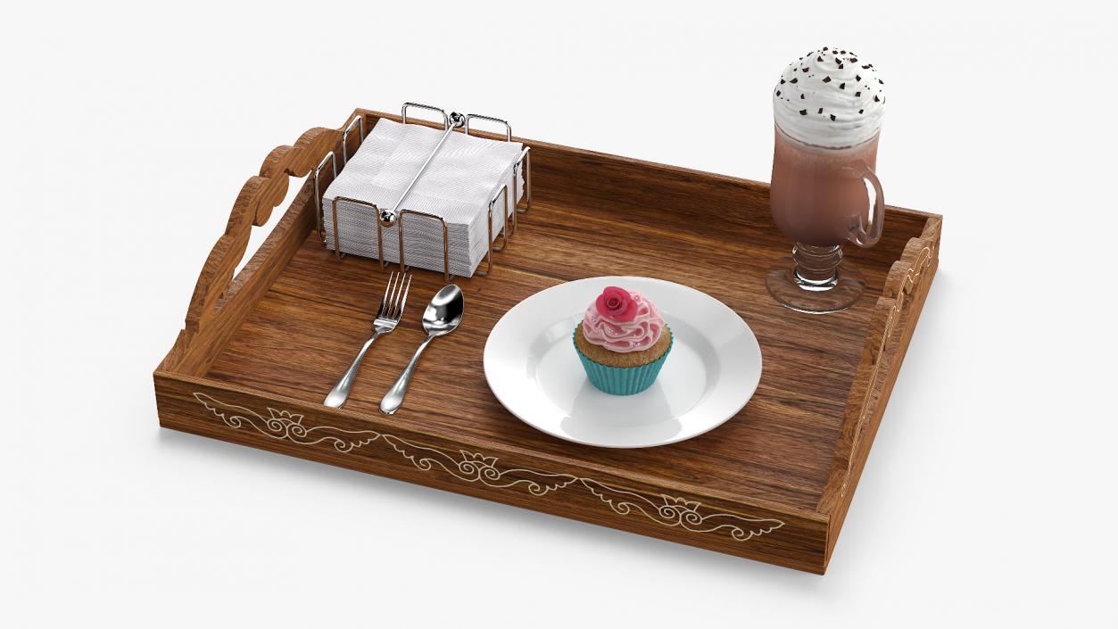 Wooden Serving Tray with Hot Beverage and Cupcake 3D model