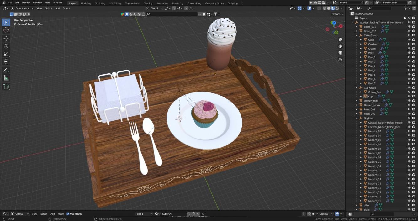 Wooden Serving Tray with Hot Beverage and Cupcake 3D model