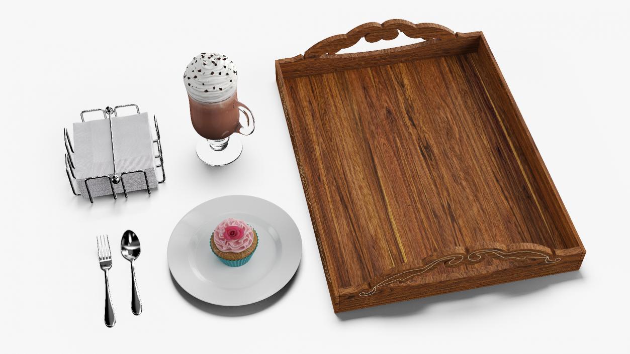 Wooden Serving Tray with Hot Beverage and Cupcake 3D model