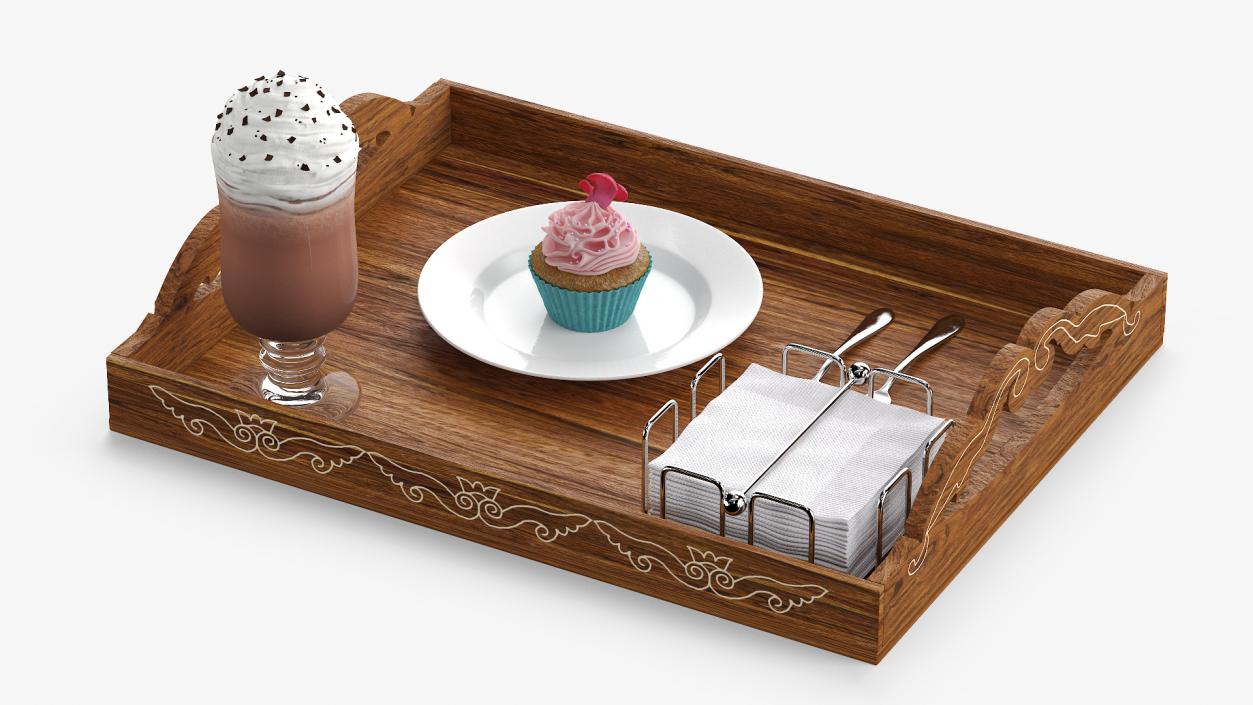 Wooden Serving Tray with Hot Beverage and Cupcake 3D model