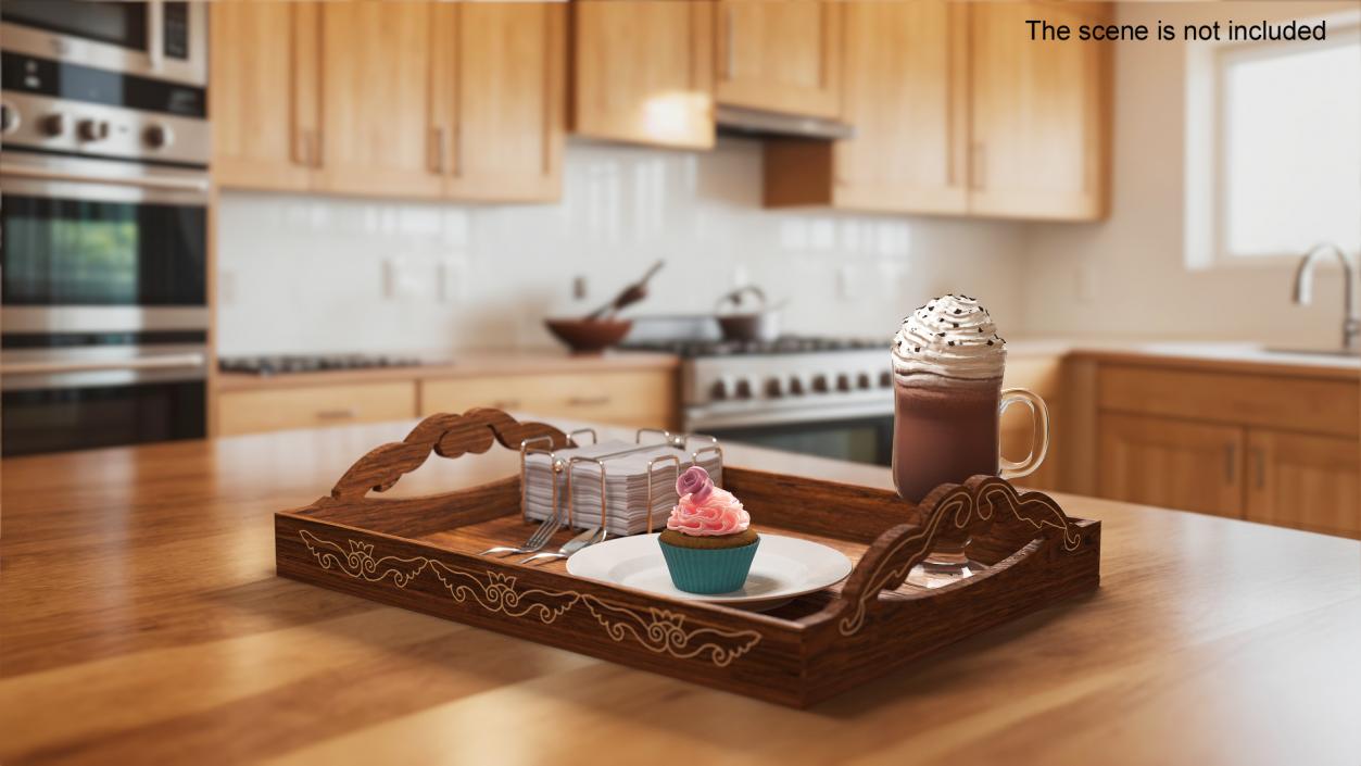 Wooden Serving Tray with Hot Beverage and Cupcake 3D model