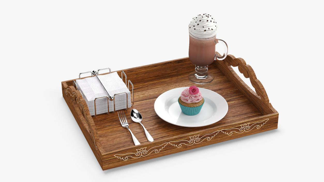 Wooden Serving Tray with Hot Beverage and Cupcake 3D model