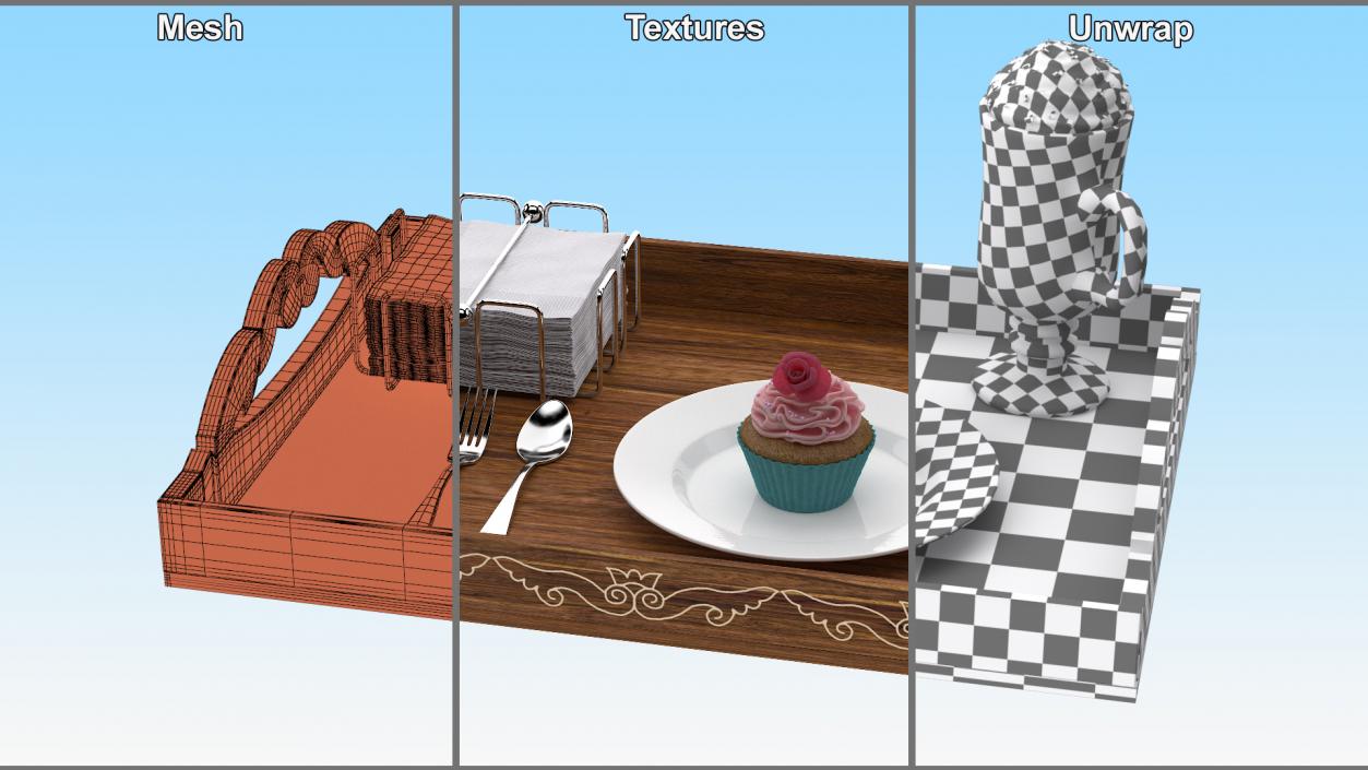 Wooden Serving Tray with Hot Beverage and Cupcake 3D model