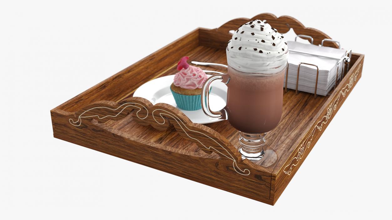 Wooden Serving Tray with Hot Beverage and Cupcake 3D model