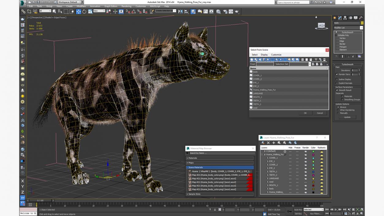 Hyena Walking Pose Fur 3D