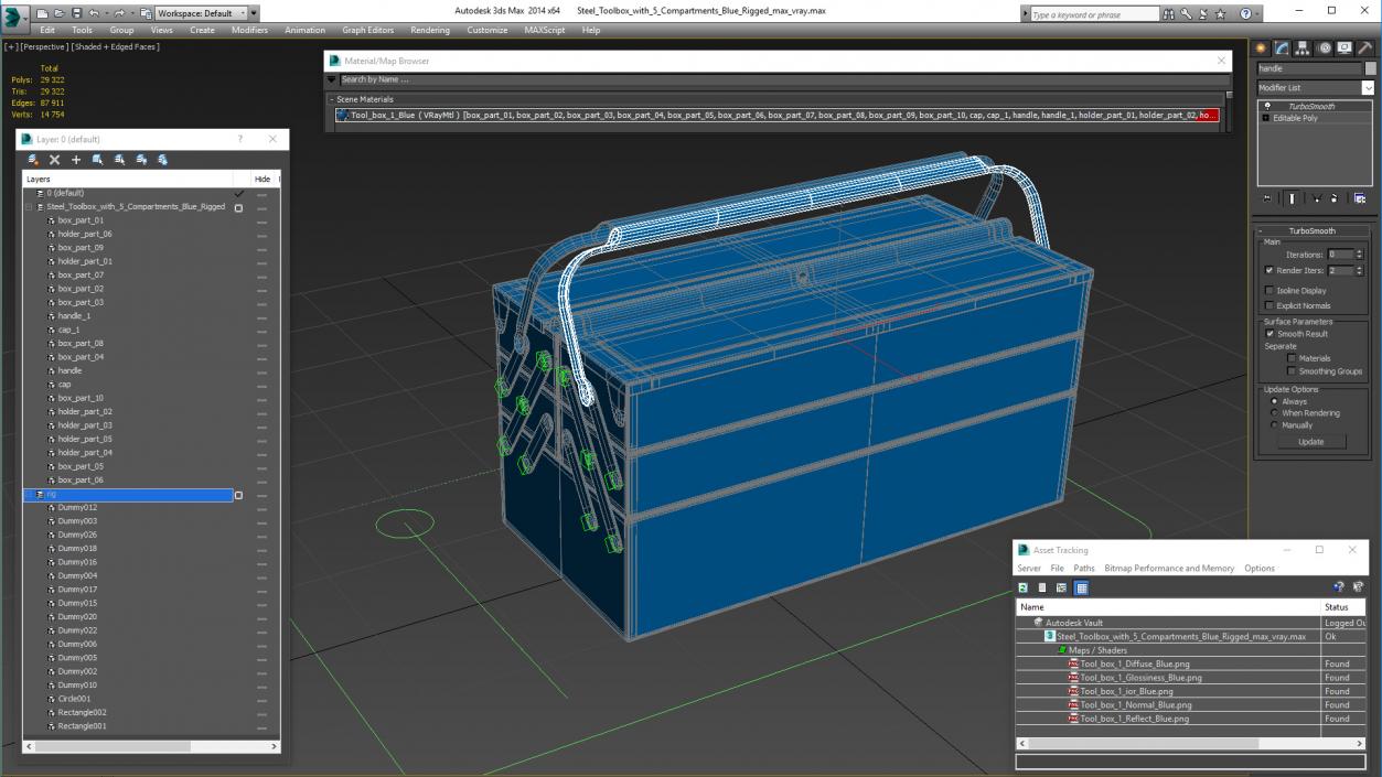 3D model Steel Toolbox with 5 Compartments Blue Rigged