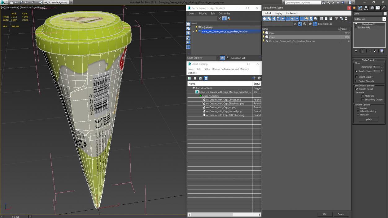 3D model Cone Ice Cream with Cap Mockup Pistachio